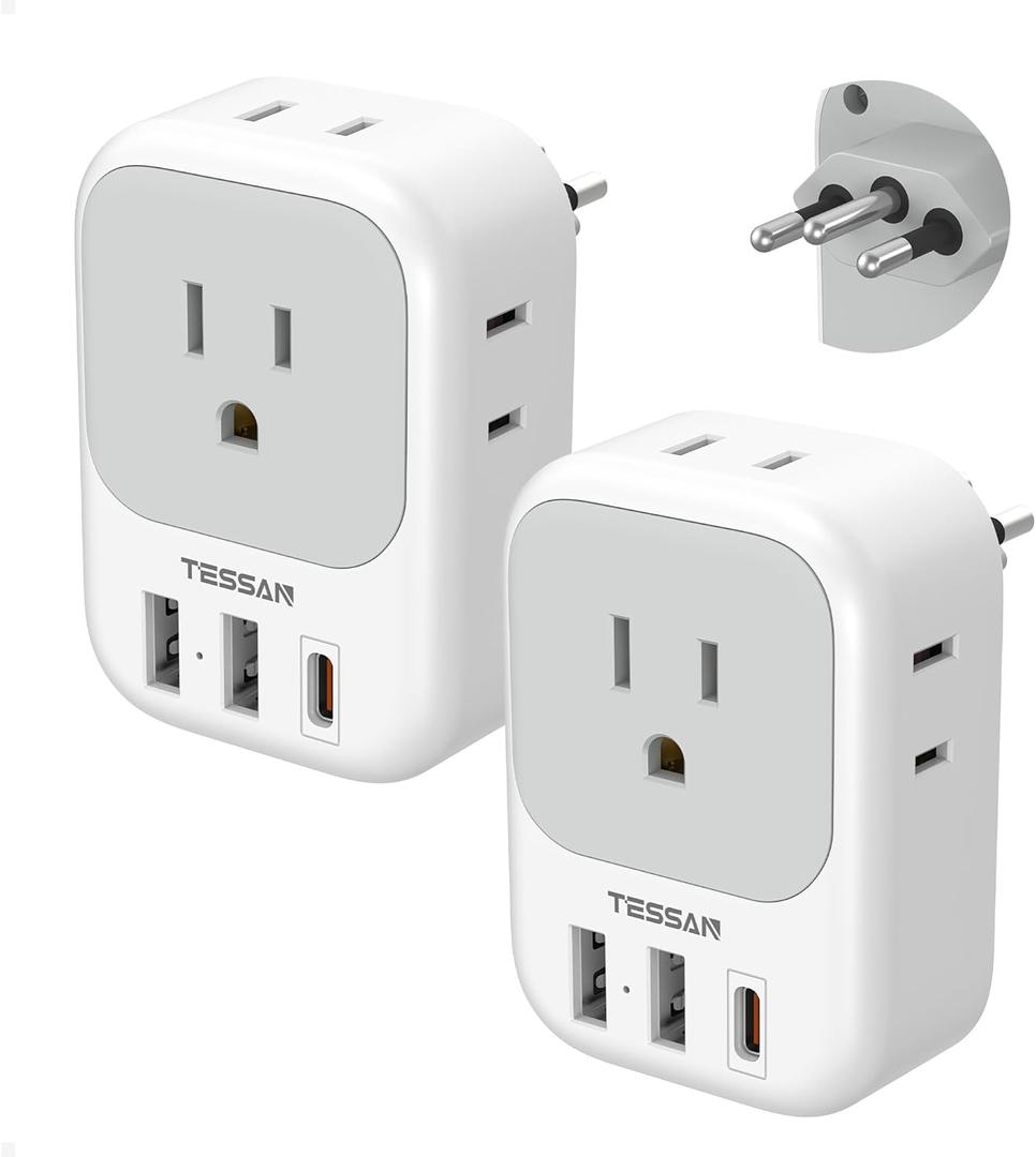 TESSAN Brazil Plug Adapter 2 Pack, 7 in 1 US to Brazil Power Adapter with 3 USB Ports (1 USB-C PD 20W Port) 4 American Outlets, Type N Travel Adaptor for USA to Brazilian