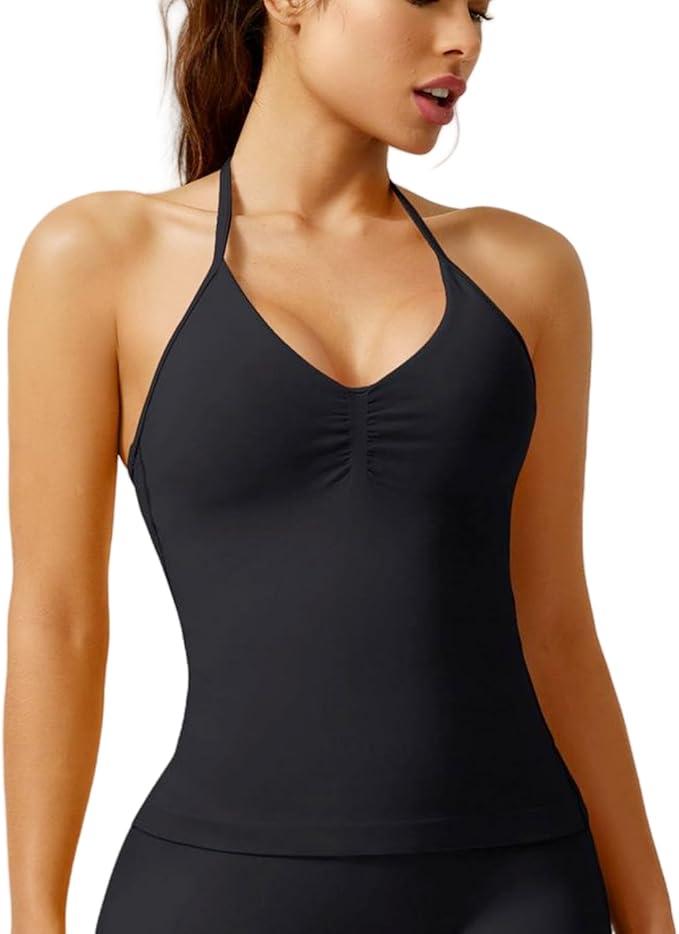 Workout Tank Tops for Women with Built in Bra,Slim Fit Halter Sleeveless Gym Tops Seamless Racerback Athletic Yoga Shirts Small