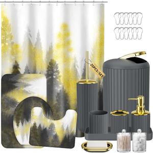 Gray and Gold Bathroom Accessories, Bathroom Sets with Shower Curtain and Rugs, Bath Rugs Accessory Set with Bathroom Trash Can, Soap Dispenser, Soap Dish for Home Decor