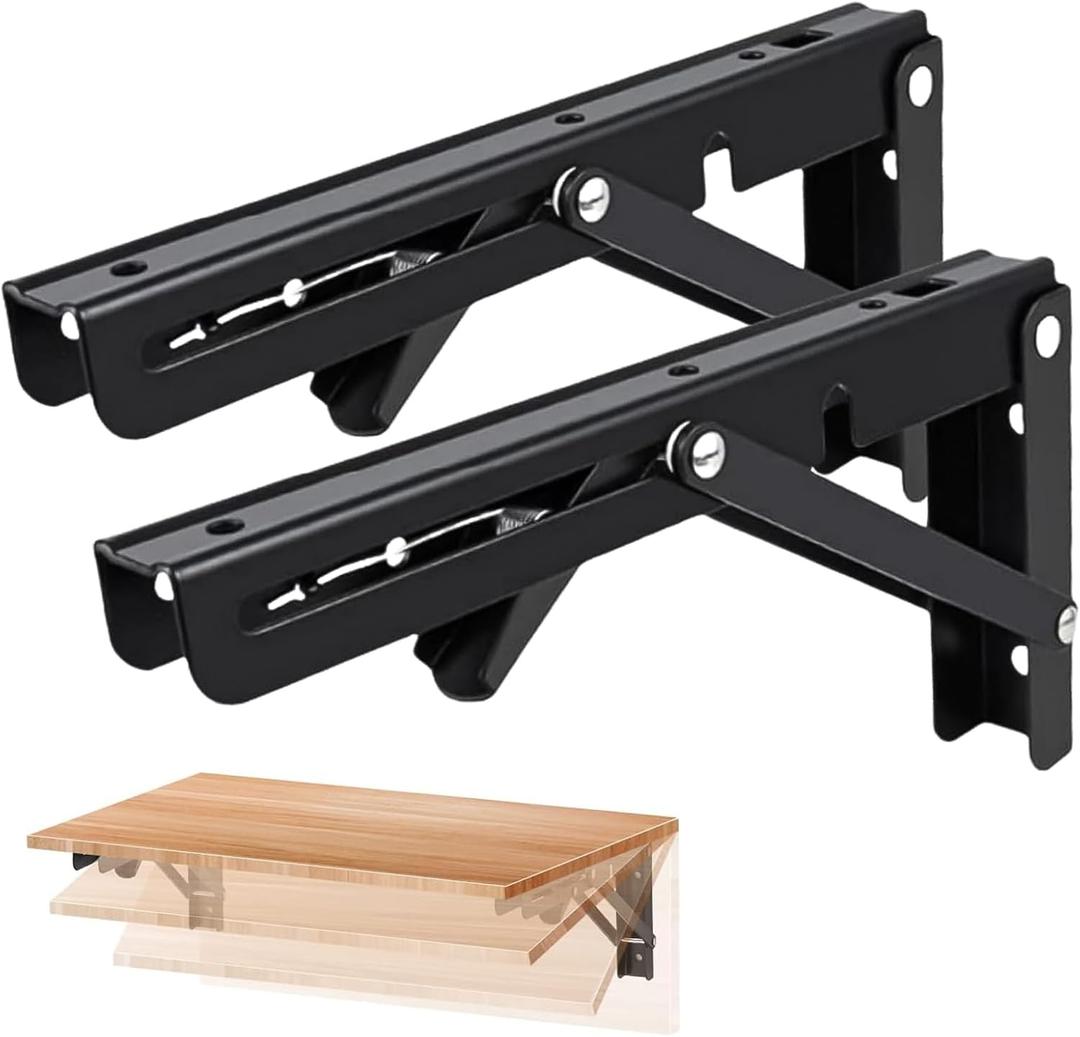 Folding Shelf Brackets Max. Load 580 lb, 16 Inch Black Collapsible Heavy Duty Brackets for Table Bench - Space Saving, 2 Pack