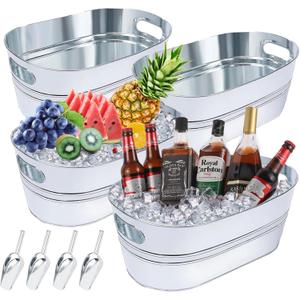 4Pcs 4 Gallon Galvanized Ice Bucket Large Galvanized Tub with Scoops Ice Bucket for Parties Mimosa Bar Supplies with Carry Handles Metal Beverage Tub for Champagne Cocktails Beer Drink Wine