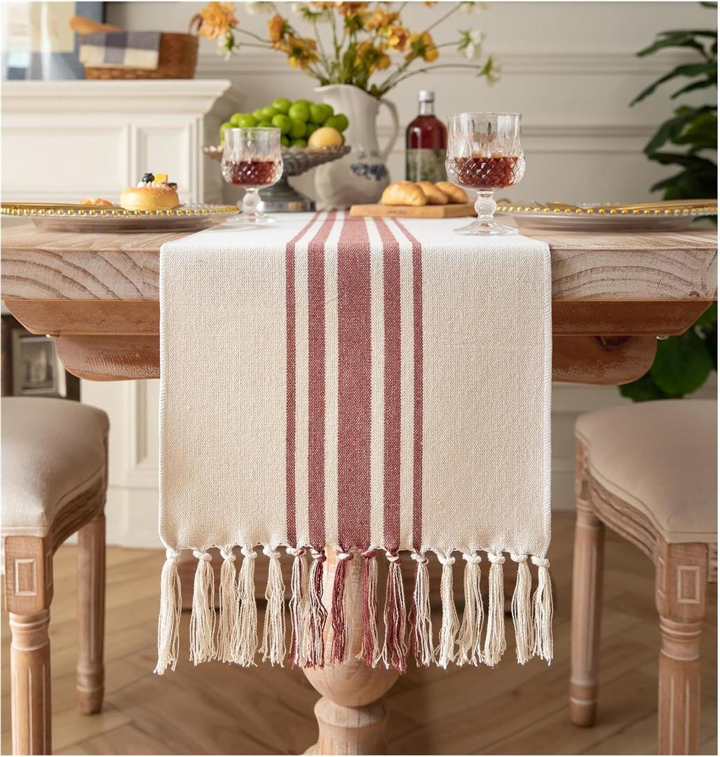 Caflife Boho Fall Table Runner for Modern Farmhouse Decor, Dining Table dcor 13 x 72 Inch Long, Coffee Table Runner with Handcrafted Tassels, Rust and Beige, for Home Bohemian Decoration