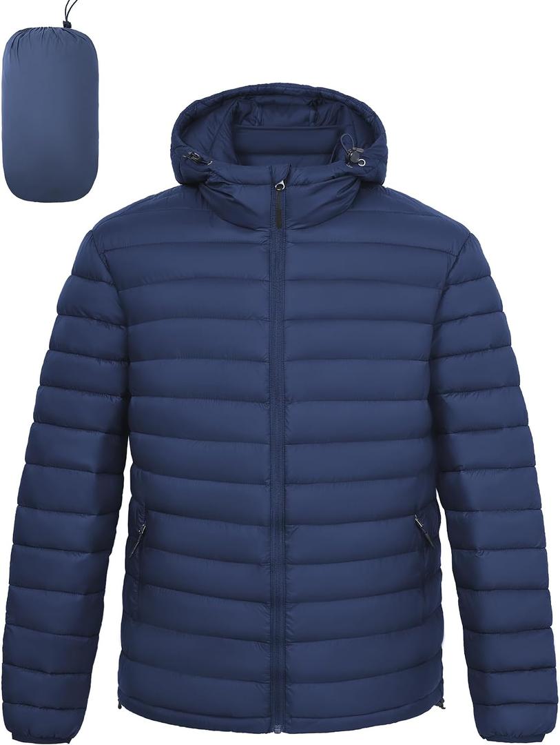 Men's Lightweight Packable Puffer Jacket Hooded High Collar Insulated Water-Resistant Winter Jackets Puffy Coat (Blue, XL)