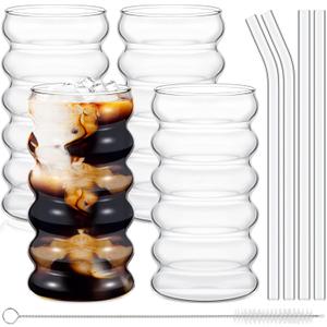Tessco 4 Pcs Creative Glass Cups Vintage Drinking Glasses Ribbed Glassware Aesthetic Cups Entertainment Dinnerware Glassware with Straws Set for Kitchen Coffee Juice Beverage (Clear, 16 oz)