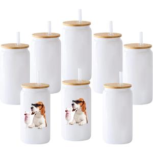 8 Pack Sublimation Blank White Glass Cans Sublimation Beer Glass Cups with Bamboo Lids Borosilicate Glasses Tumbler Mason Jar Cups Mug with Glass Straw for Beer, Juice, Drinks 16oz White