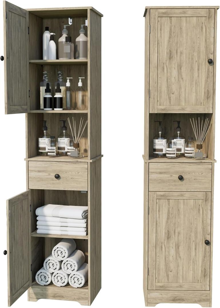 Viaozutis Tall Bathroom Cabinet, Storage Cabinet with 2 Doors & 2Drawer, with Ajustable Shelve, for Bathrooms, Kitchens,Entrances,BedroomsGrey, W14.96 x D11.61 x H63.38 inches