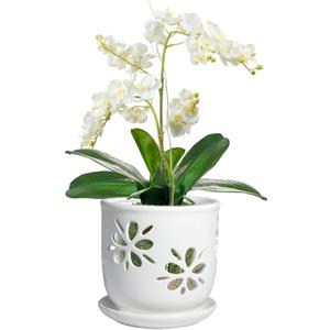 vensovo 6 Inch Orchid Pot with Holes and Saucer - White Ceramic Orchid Planter for Repotting, Flower Pot for Indoor/Outdoor Plants (1 Pack)