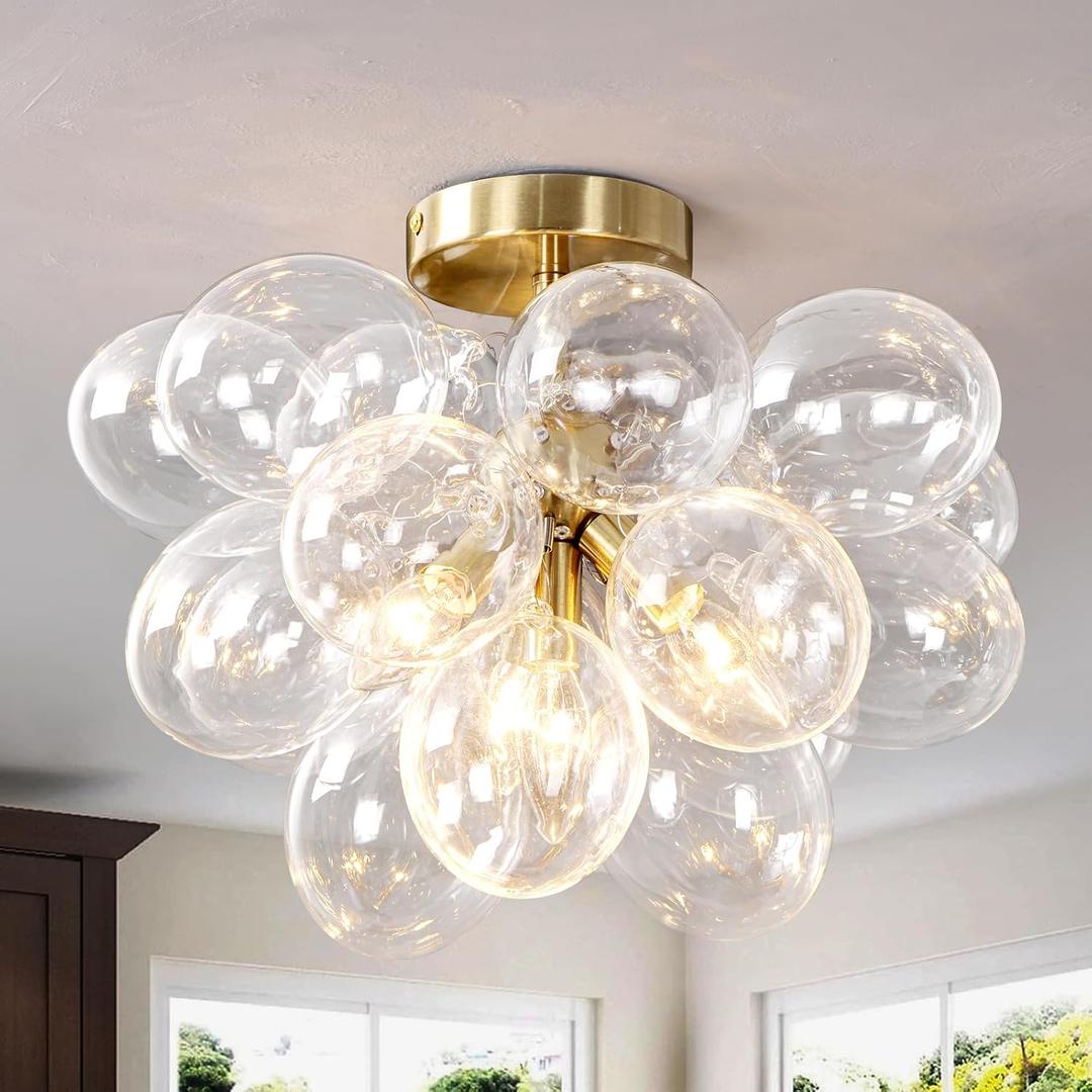 Mid Century Modern Semi Flush Mount Chandelier, Bubble Glass Ceiling Light, 16in