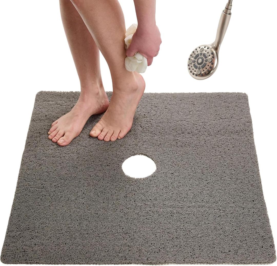 Loofah Shower Mat with Drain Hole – Cushioned Anti-Slip Square Bath Mat for Showers, and Bathroom Floors – Textured PVC, Non Slip Safety Pad for Walk-in Stalls and Wet Areas (27x27 Grey)