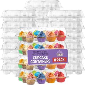 Plastic Cupcake Containers Boxes | 12 Compartment 8 Pack | Disposable High Dome Dozen Cupcake Holder With Lid Bulk | Extra Sturdy Stackable Cupcake Boxes | Durable Muffin Packaging Transporter To Go