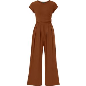 PRETTYGARDEN Summer Jumpsuits for Women Dressy Casual | Soft Ribbed Fabric, Crewneck Cap Sleeve, Back Zipper, Pockets, Wide Leg Pants Rompers, One Piece Outfits, Work Office Clothes (Brown, S)