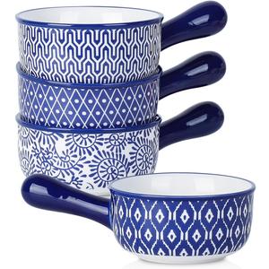 Selamica Ceramic Soup Crocks With Handles, 15 OZ French Onion Soup Bowls, Oven Safe Soup Bowls For Cereal, Stew, Chilli, Pot Pies, Baking, Microwave Dishwasher Safe, Set of 4, Vintage Blue