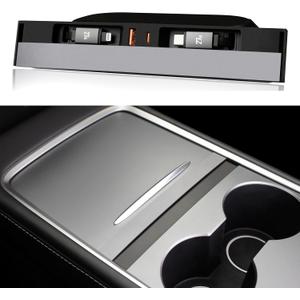 USB Hub Charger for Tesla Model 3 2021-2023 & Model Y 2021-2024 with Two 27W Fast Charging Retractable Cables, Slid Cover Phone Charger Center Console Docking Station Interior Accessories