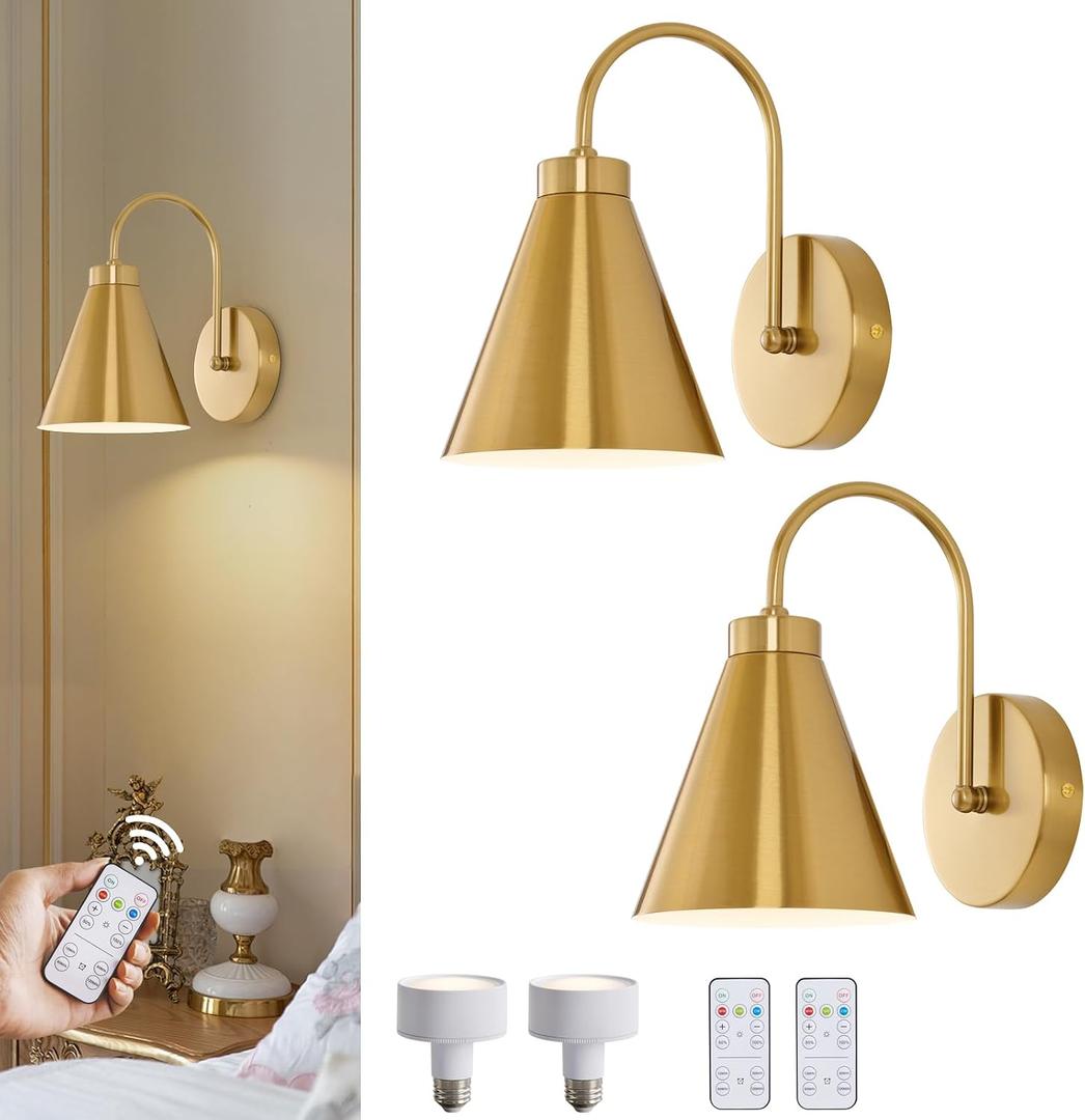 Powfloven Vintage Cordless Gooseneck Battery Operated Wall Sconces Set of 2, Gold Bedside Battery Powered Wall Decor Lamps with Remote Control, Wireless Indoor LED Lights Fixture for Bedroom Hallway