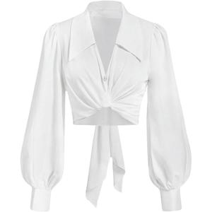 SweatyRocks Women's Button Up Collar Shirt Long Sleeve Wrap Crop Top Blouse self tie wrap crop top,v neck ,twist front,puff sleeve ,business office dressy casual outfits XL