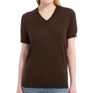 Women's 100% Merino Wool Sweaters Short Sleeve V Neck Sweater T-Shirt Business Summer Pullover Tops Vacation Outfits (Brown, L)