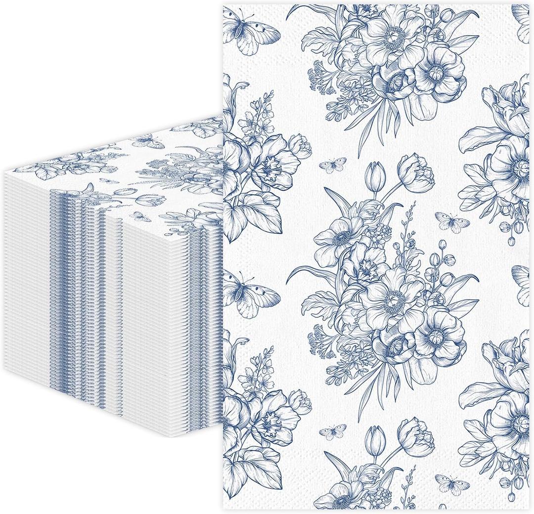100 PCS Blue Floral Paper Napkins, Disposable Blue & White Flowers Bathroom Guest Hand Towels Decoupage Dinner Napkins Decorative for Kitchen Wedding Birthday Bridal & Baby Shower Party Decoration