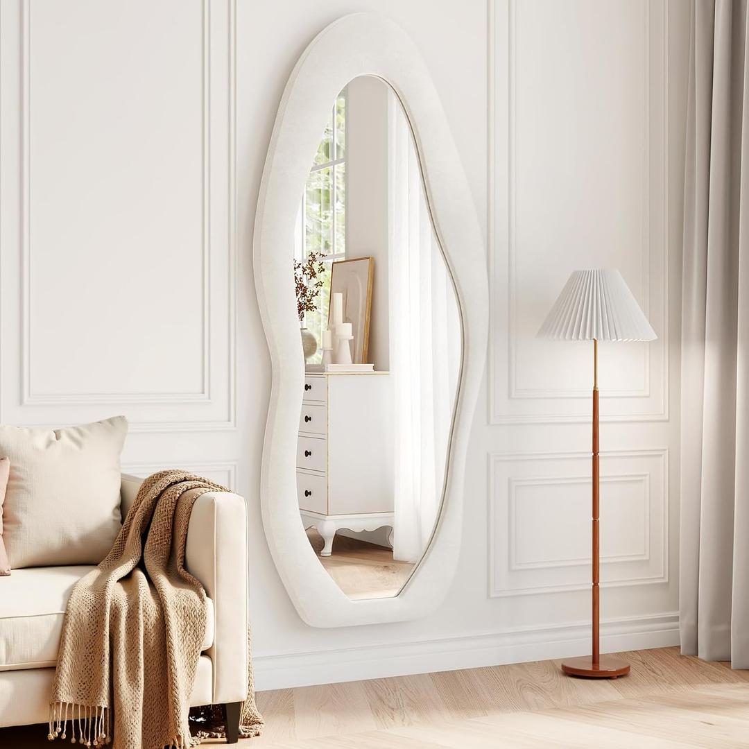56"x24" Irregular Wavy Mirror, Flannel Full Length Mirror with Stand, Wall Mirror for Bedroom, Living Room, Cloakroom, Entryway, Beige