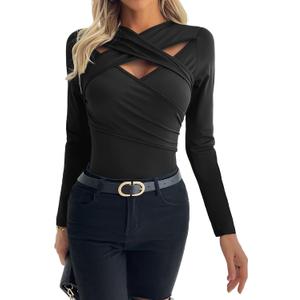 Long Sleeve Cutout Tops for Women Slim Fitted Crisscross V Neck Sexy Fall Going Out T-Shirts (Large, Black)