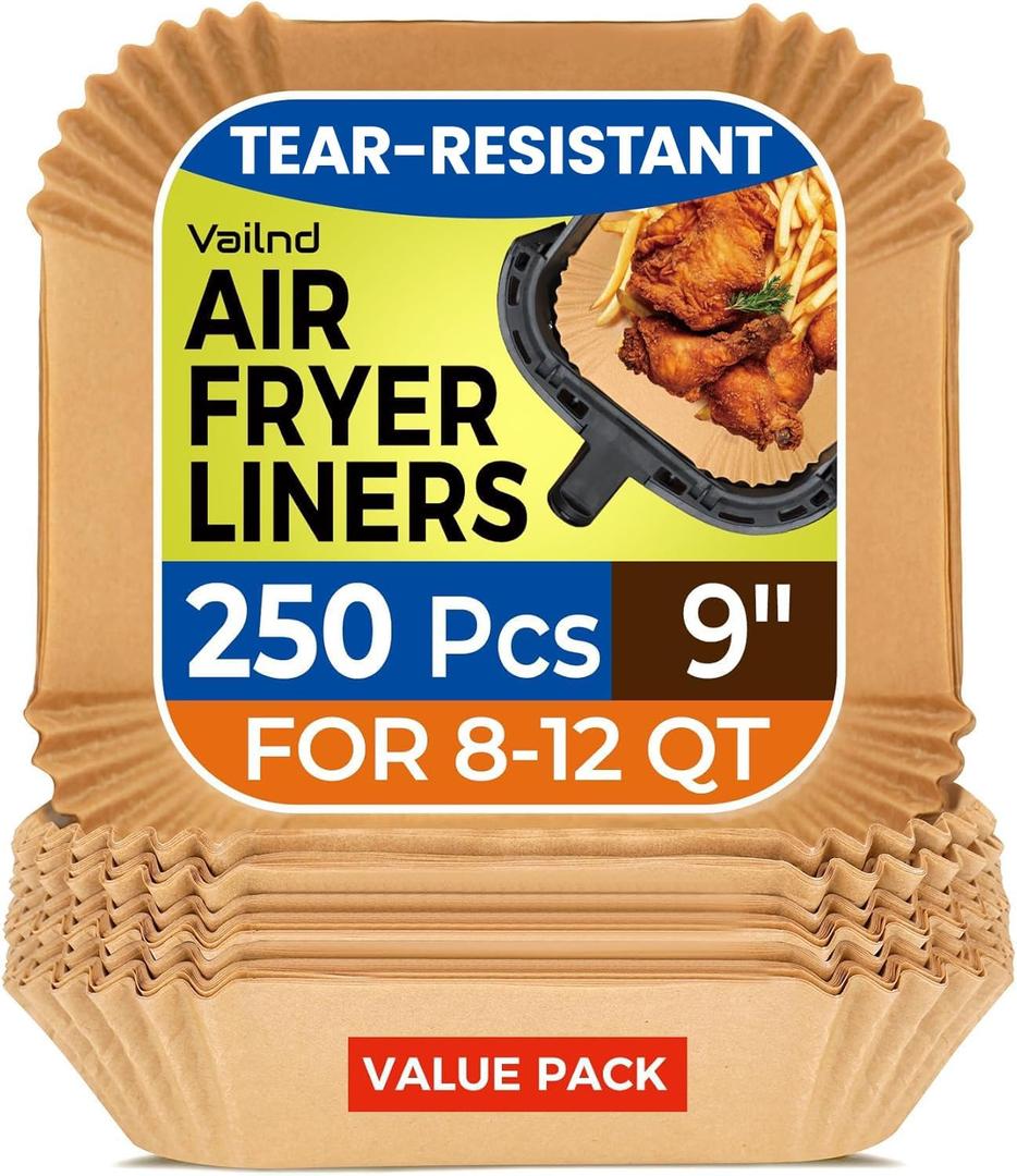 250 Pcs 9" Square Air Fryer Liners Disposable, Unbleached Parchment Paper Liners for Airfryer Basket, Non-Stick & Leakproof Baking Paper for Oven Roasting