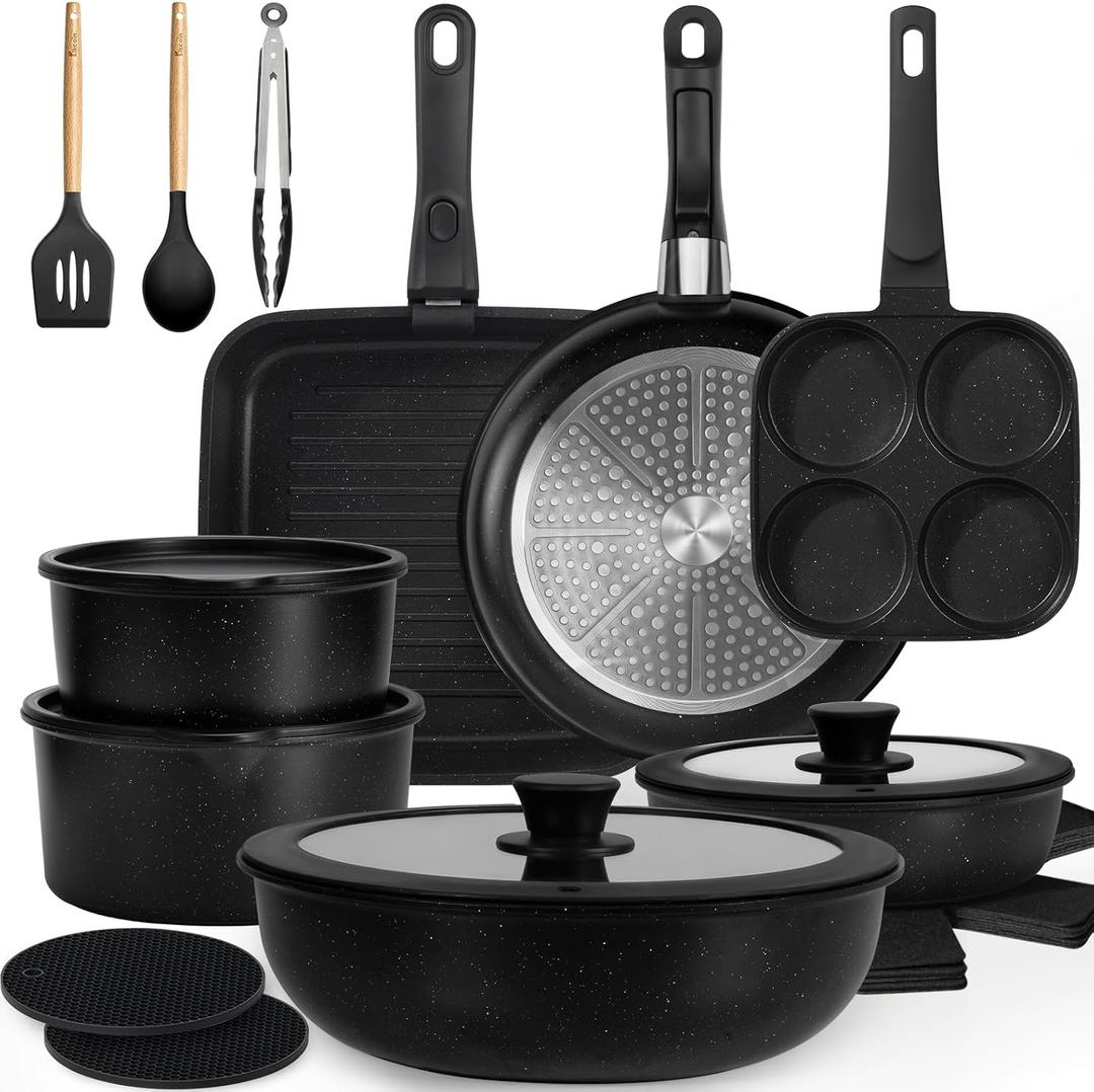 KIKCOIN 24 Pack Pots and Pans Set Non Stick, Detachable Handle Cookware Set, Induction RV Kitchen Cooking Set with Removable Handle, Frying Pans, Egg Pan - Dishwasher/Oven Safe, PFOA Free (Black)