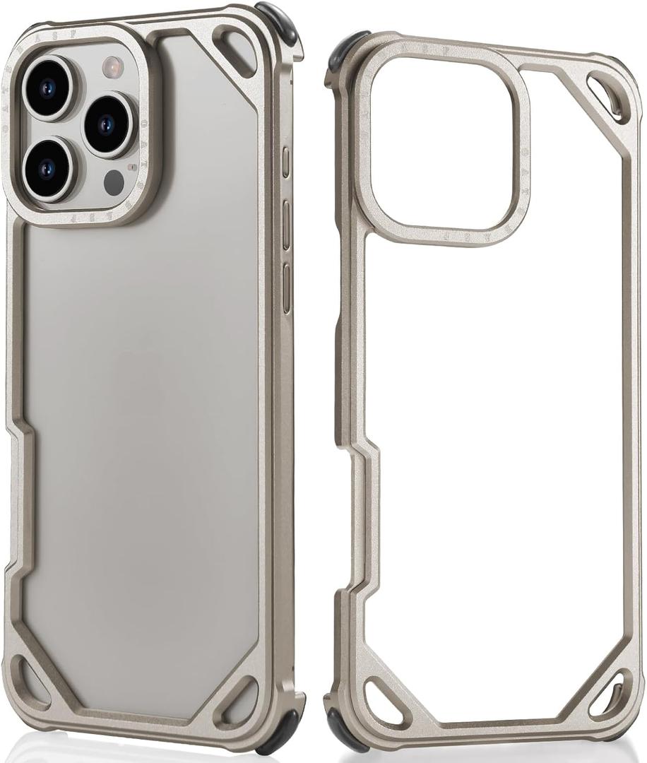 Aluminum Frame Metal Case for iPhone 16 Pro Max 6.9 inch with 4 Corners Silicone Pads Bumper Raised Edge Protection, Minimalist Slim Shockproof Hard Cover Cool Stylish for 16pro Max, Natural