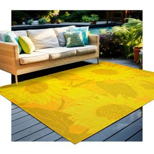 Outdoor Rug for Patio Furniture/Front Porch/Deck/Backyard Decor RV Waterproof Plastic Straw Camping Rugs, Bold Color Sunflower Design, Durable in Full Sun [6 * 9Ft]