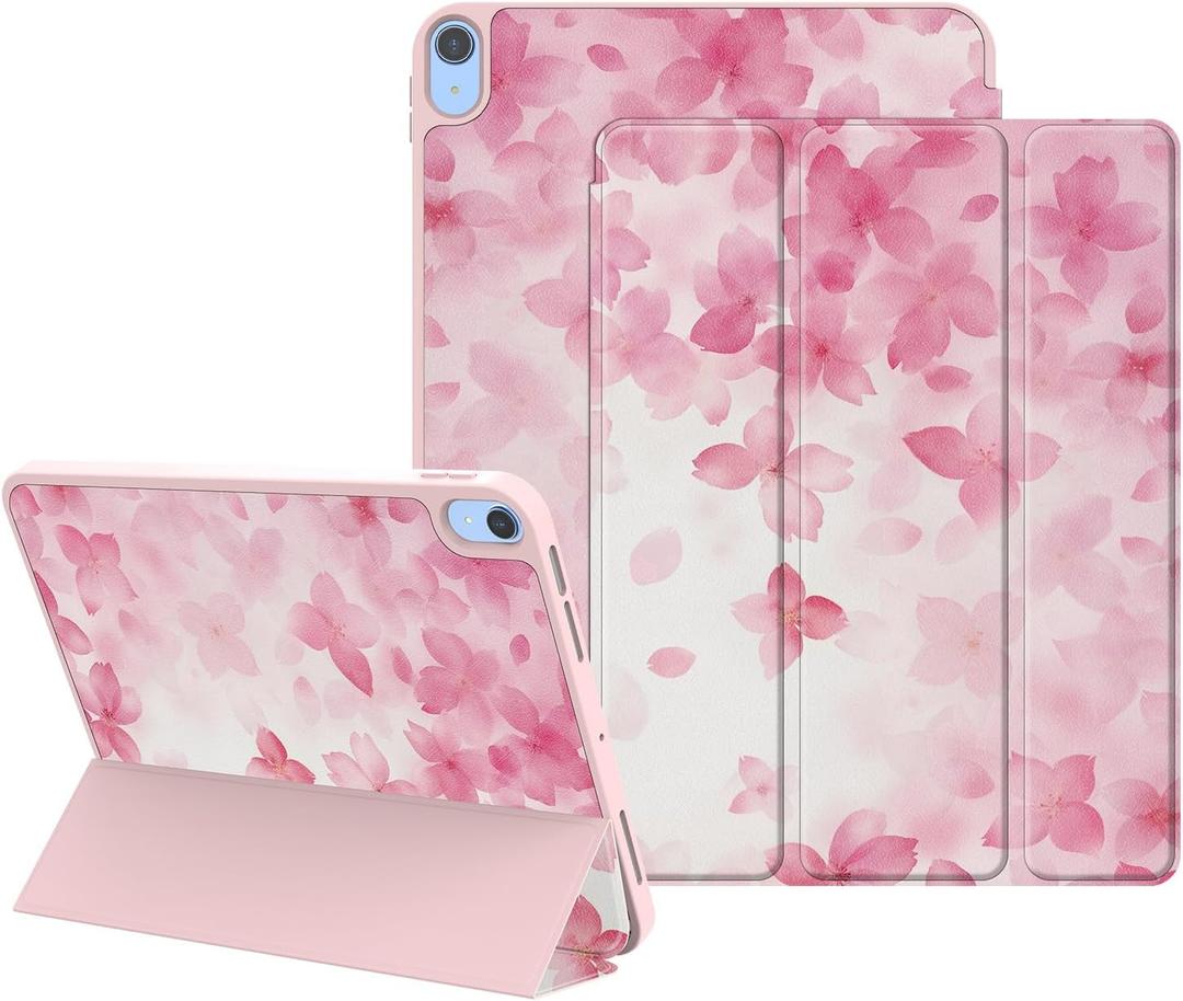 Case for iPad (A16) 11th Generation 11 Inch 2025, iPad 10th Generation 10.9 Inch 2022, Protective Case with Pencil Holder, Trifold Smart Stand Cover with Cute Pattern for Girls, Cherry blossoms