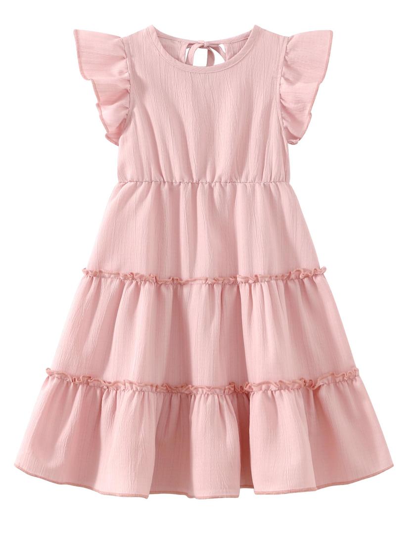 Fdqin Girls Summer Dresses Flowy Ruffle Sleeve A-Line Dress for Kids Pink (Pink, M)