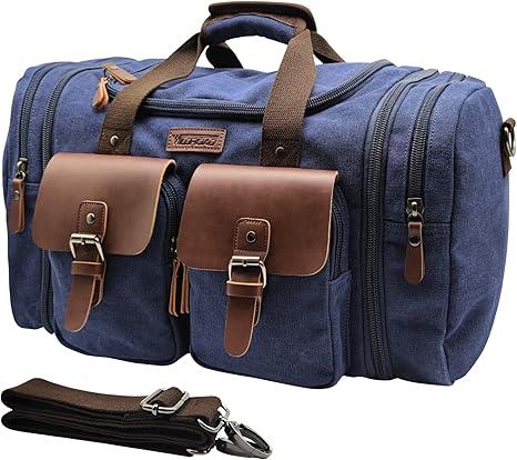 Wildroad 50L Travel Duffel Bag, Expandable Canvas Genuine Leather Duffle Bag Upgraded Overnight Weekender Carry on Bag