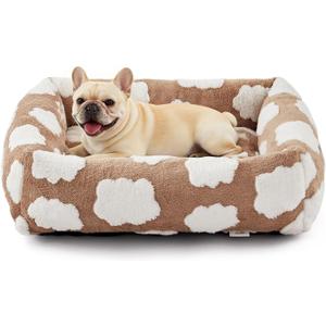 JOEJOY Small Dog Bed for Small Dogs, Rectangle Washable Orthopedic Dog Bed with Removable Zipper Cover, Cute Soft Calming Puppy Pet Bed with Jacquard Shaggy Plush & Non Skid Bottom, Cozy Clouds Brown, S PLUS (25"x21"x7")