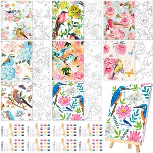 8 Sets 8" x 10" Flower and Bird Pre Drawn Canvas for Painting for Sip and Paint Party Predrawn Coloring Set Pre Sketched Canvas Boards with Paints and Brushes for Adult