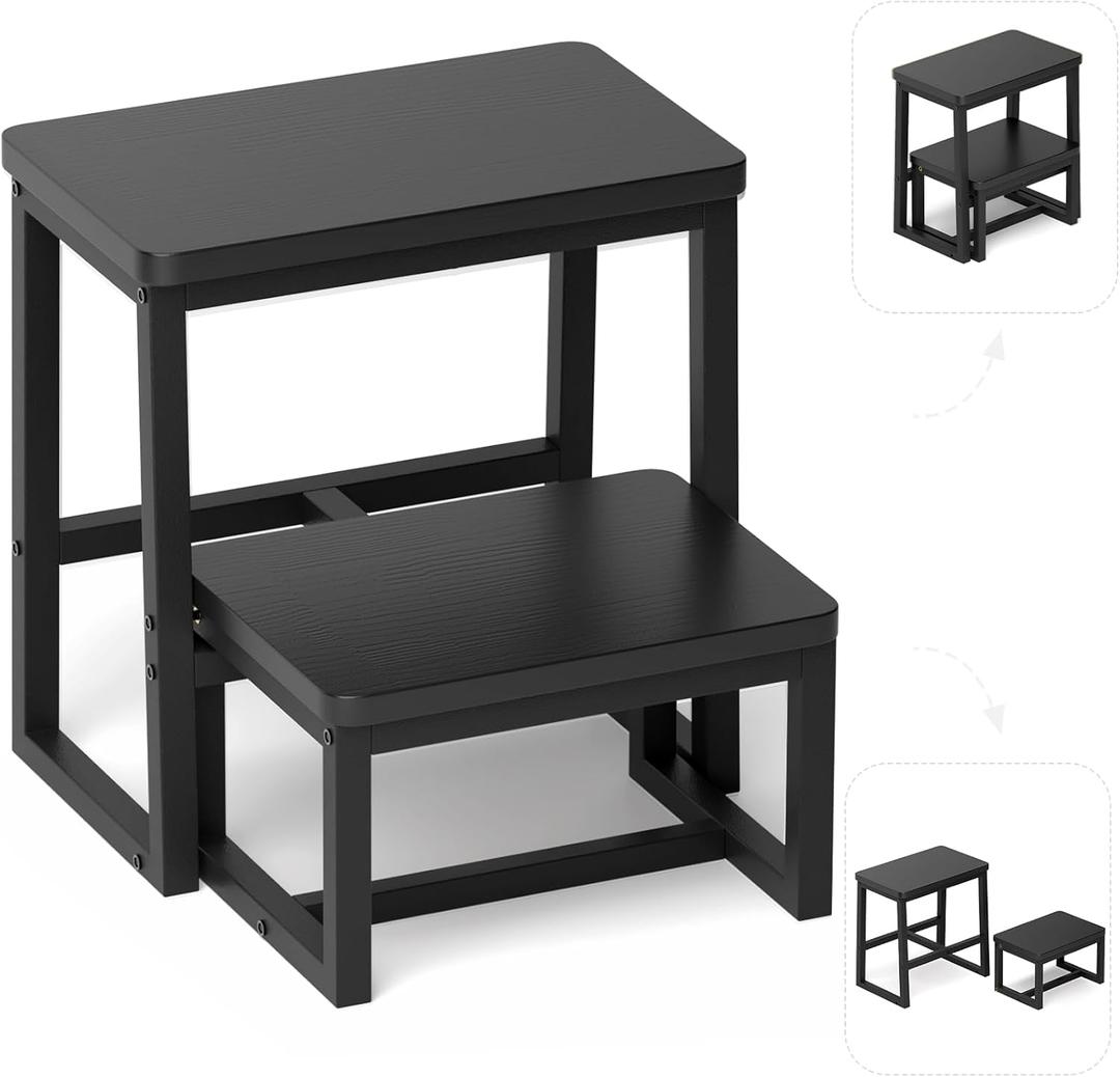 Step Stool for Adults,Holds up to 500Lb,3 in1 Heavy Duty Sturdy Two Step Stool for Kichen/Bathroom/High beds, Wooden&Metal Frame, Non-Slip Pads (Black)