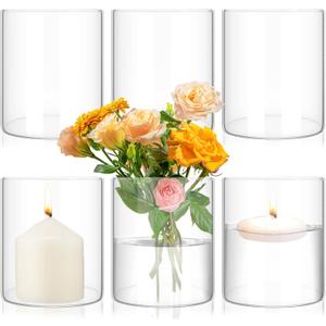 6 Pack Glass Cylinder Vases 4 Inch Tall Clear Flower Vase for Centerpieces, Hurricane Floating Candle Holder Wedding Decorations, Floral Vase Bulk for Table Shelf Party Home Deco (4 x 3.35 Inch) (6 Pack 3.35" W x 4" H)