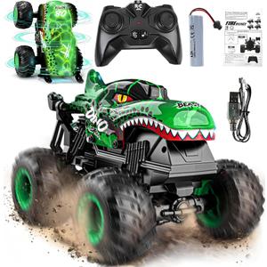 BEZGAR Monster Truck Toys - Remote Control Monster Truck with Light & Music, Dinosaur Toys for Kids, 1:20 Scale RC Truck with 360 Spins and Drifting, Remote Control Car for Boys 4-7 (Green)