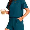 QegarTop 2 Piece Short Sets For Women Vacation Outfits 2026 Beach Clothes Cruise Resort Wear Summer Set With Pockets Peacock Bue M
