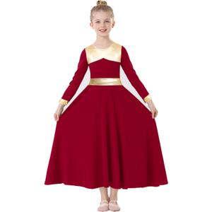 TLMNU Girls Praise Dance Dress Metallic Gold Liturgical Worship Church Robe Full Length Swing Lyrical Costume,Tag160, 13-14 Years, Burgundy 