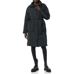 Daily Ritual Women's Padded Belted Puffer Jacket,  Black Large