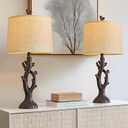 OYEARS 25" Farmhouse Table Lamp Set of 2 for Living Room Bedroom Resin Bedside Tree Lamp Nightstand End Table Lamps Vintage Natural Style (Brown)