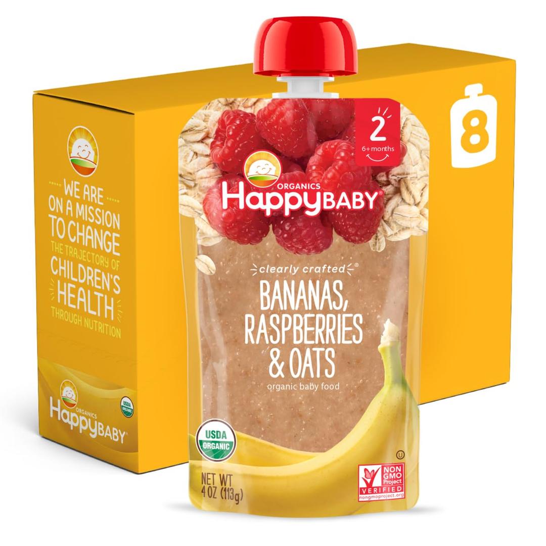 Happy Baby Organics Clearly Crafted Stage 2 Baby Food Bananas Raspberries & Oats, 4 Ounce Pouch Resealable Baby Food Pouches, Fruit & Veggie Puree, Organic Non-GMO Gluten Free Kosher (Pack of 8), Best By: 11/10/26