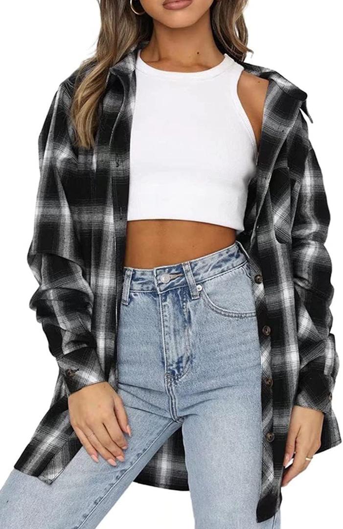 CHYRII Womens Button Down Flannel Shirts Long Sleeve Plaid Shackets Business Casual Blouse Top (X-Large, Black)