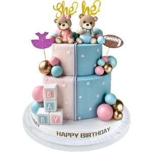 34 PCS Gender Reveal Cake Topper - Bear Balls Cake Decorations with He or She Cake Topper for Boys and Girls Gender Reveal Baby Shower Birthday Party Supplies (Blue Pink - 1)