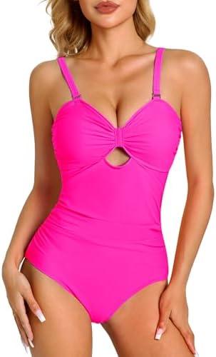 Ormark Women One Piece Swimsuit Tummy Control Front Cutout Bathing Suits Adjustable Strap Ruched Beach Swimwear Hot Pink L