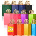 100 PCS Small Gift Bags with Handles, 5.91"x3.15"x8.27" Party Favor Bags, 12 Colored Goodie Bags for Birthday Party, Kraft Paper Gift Bags Bulk for Wedding, Baby Shower, Celebrations, Party Supplies