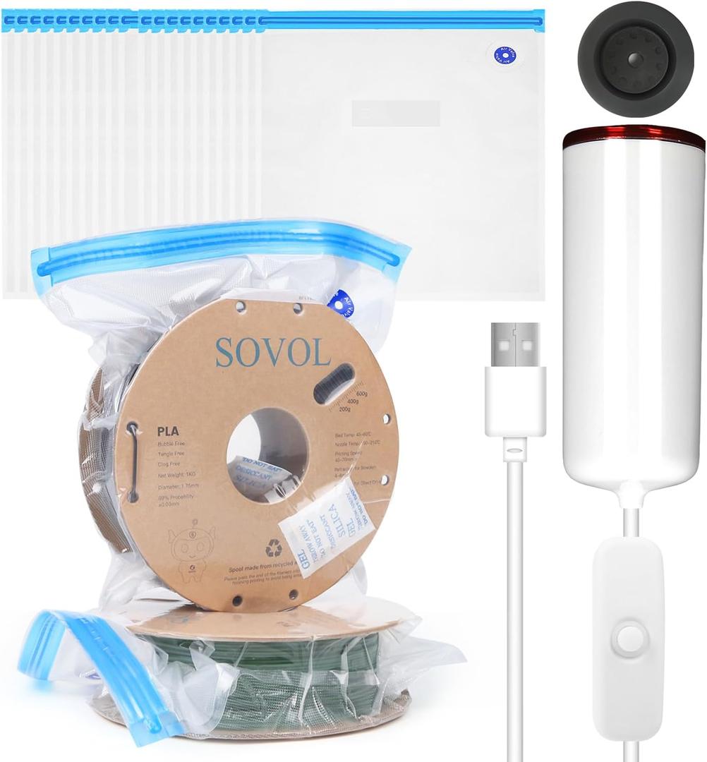 Sovol Filament Storage Bags, Vacuum Sealed Bags Kit for 3D Printing, Vacuum Compression Storage Bags, Prevent Moisture - 20 Bags with 1 USB Pump, 10 Desiccants & 4 Sealing Clips
