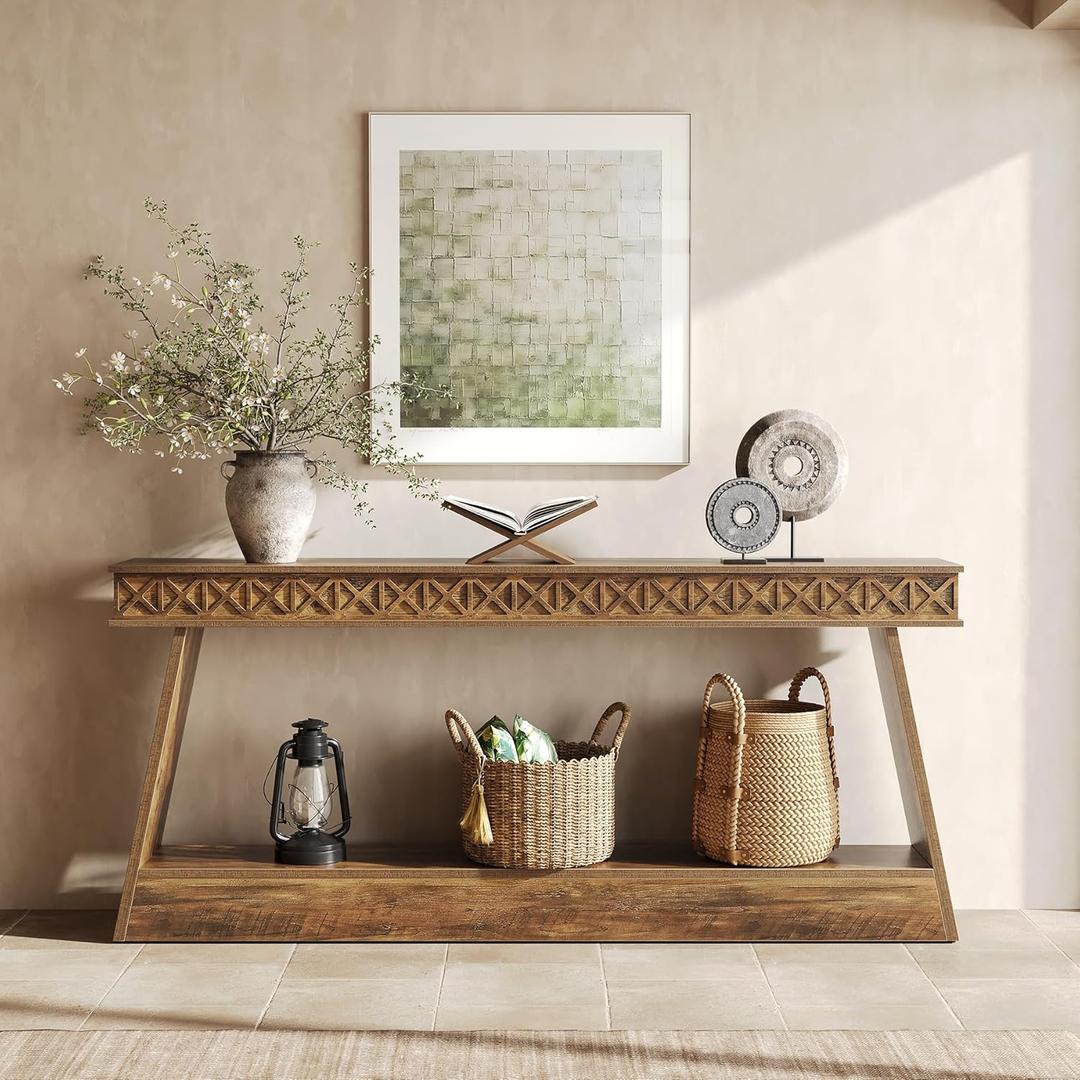 LITTLE TREE 70.87" Long Farmhouse Console Table, 2-Tier Shelf Narrow Accent Entryway Sofa Table for Living Room, Behind Couch, Hallway - Light Brown