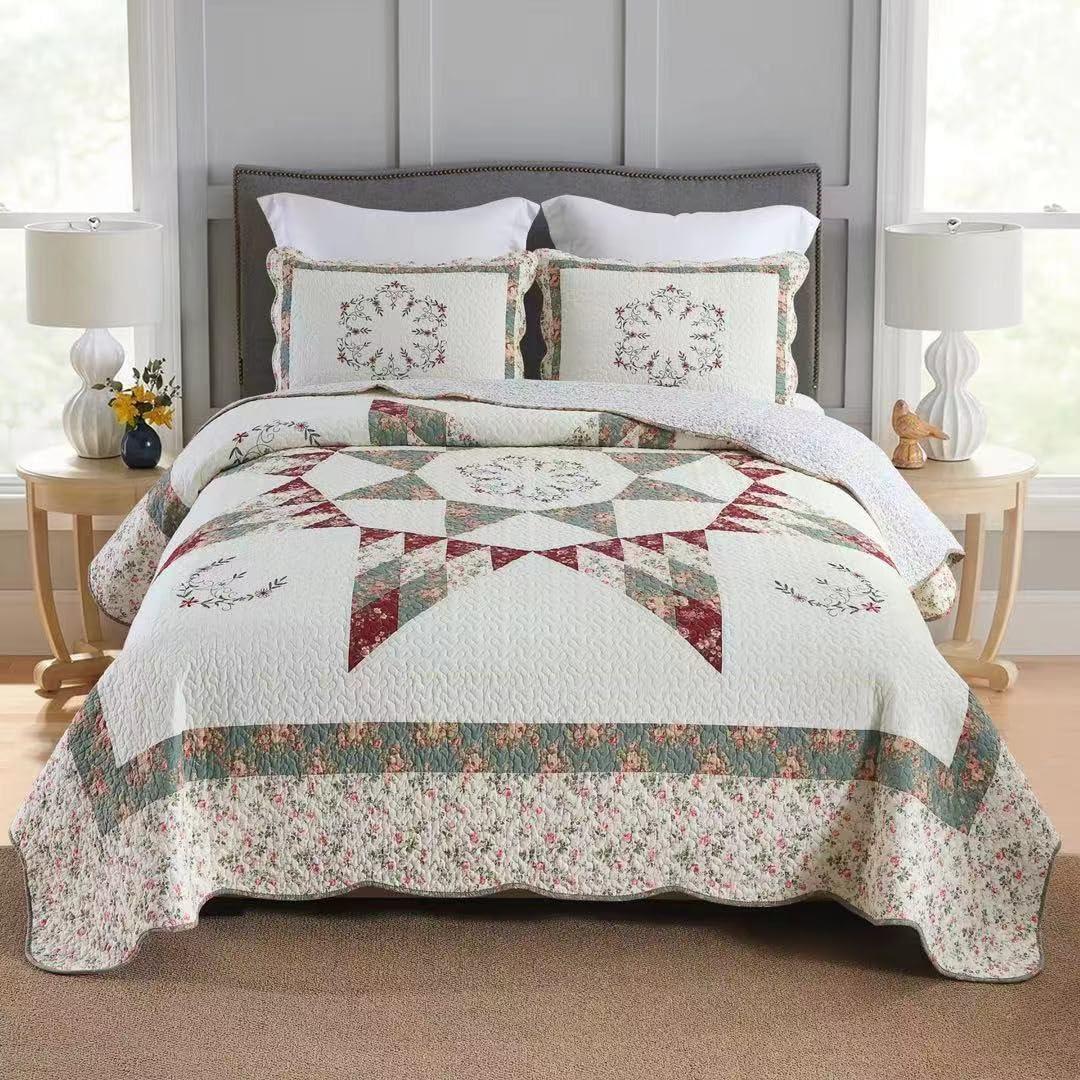 Cotton Bedspread Quilt Bedding Sets, 3 Pieces Reversible Coverlets Comforters Star with Green Floral Real Patchwork Bedspread, Queen Size