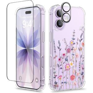 GVIEWIN for iPhone 17 Case, with Screen Protector+Camera Lens Protector, [NonYellowing] Clear Floral Slim Shockproof Protective Hard PC Back Women Phone Case for iPhone 17 6.3", Floratopia/Colorful