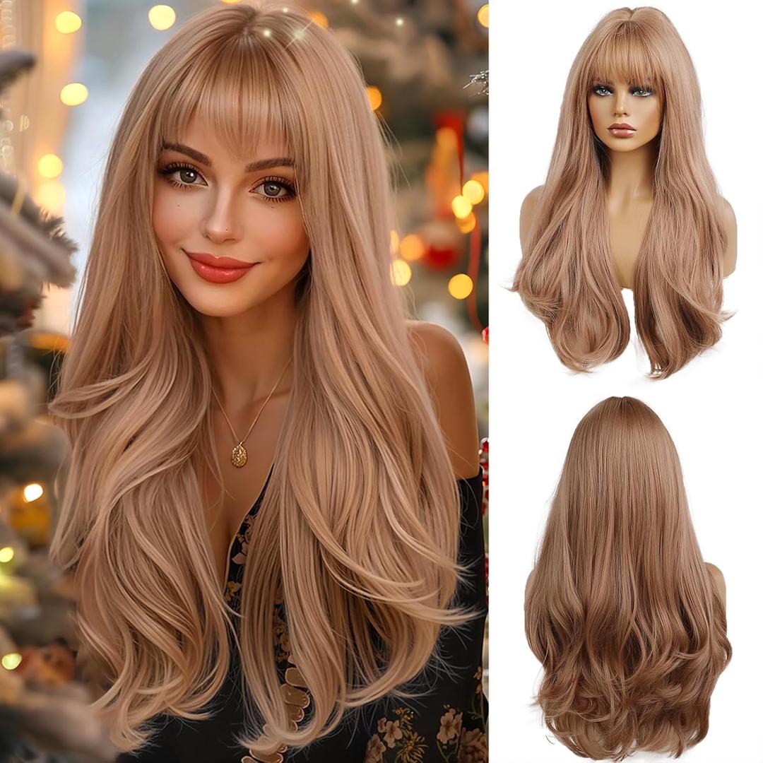 Long Wavy Strawberry Blonde Wig with Bangs for Women Natural Synthetic Hair Heat Resistant Wigs for Daily Party Cosplay Wear- 24 Inches