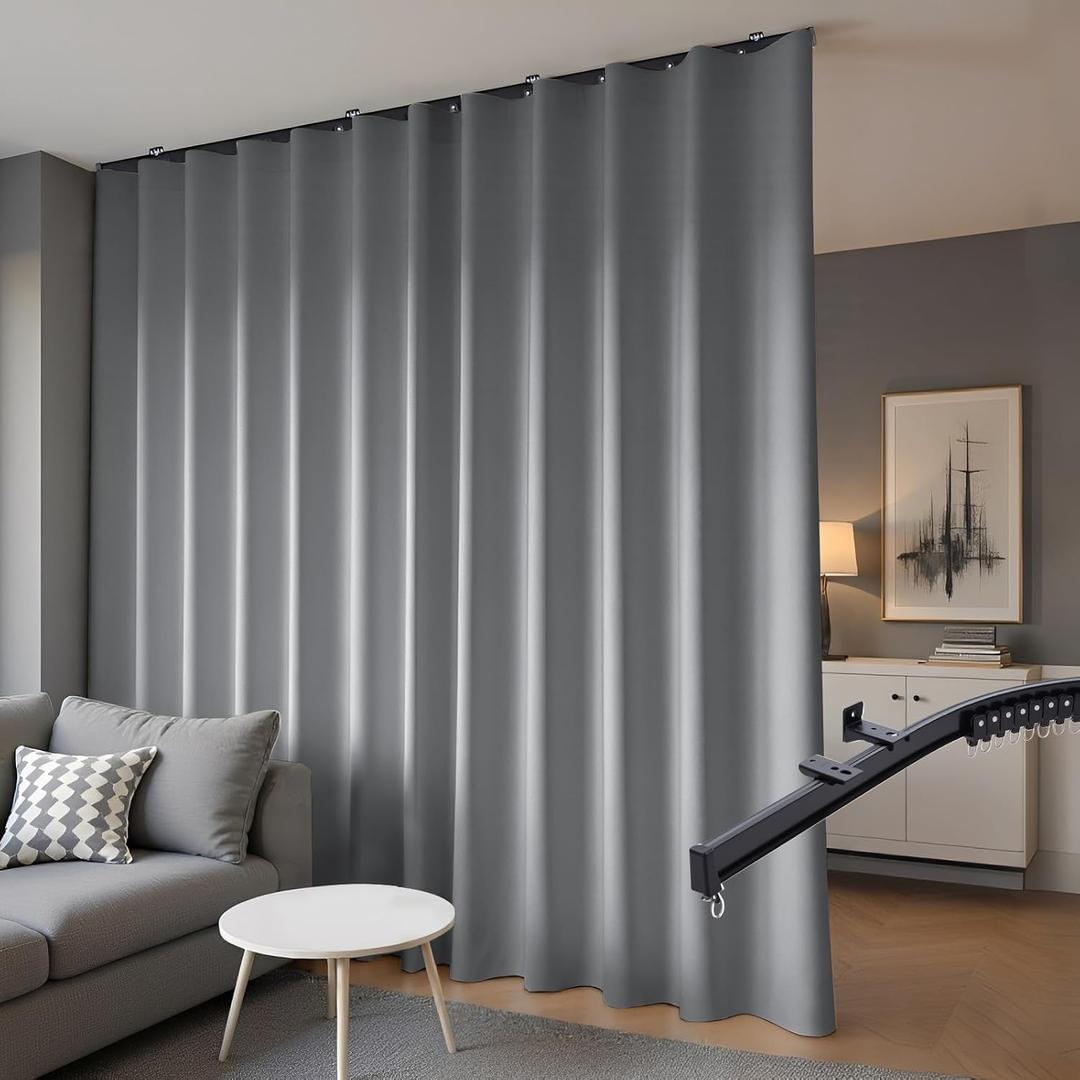 hoeflife Room Divider Blackout Curtains & Ceiling Curtain Track Set Wall Mount Extra Wide Track Curtains Flexible Sliding Curtain Rod Room Separation PrivacyW 180 x H 108 in Grey Drape & Black Rail